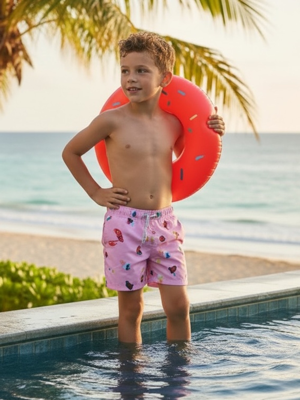 Surfcuz Kids Pink Ice Cream Print Swim Trunks with Drawstring Waist